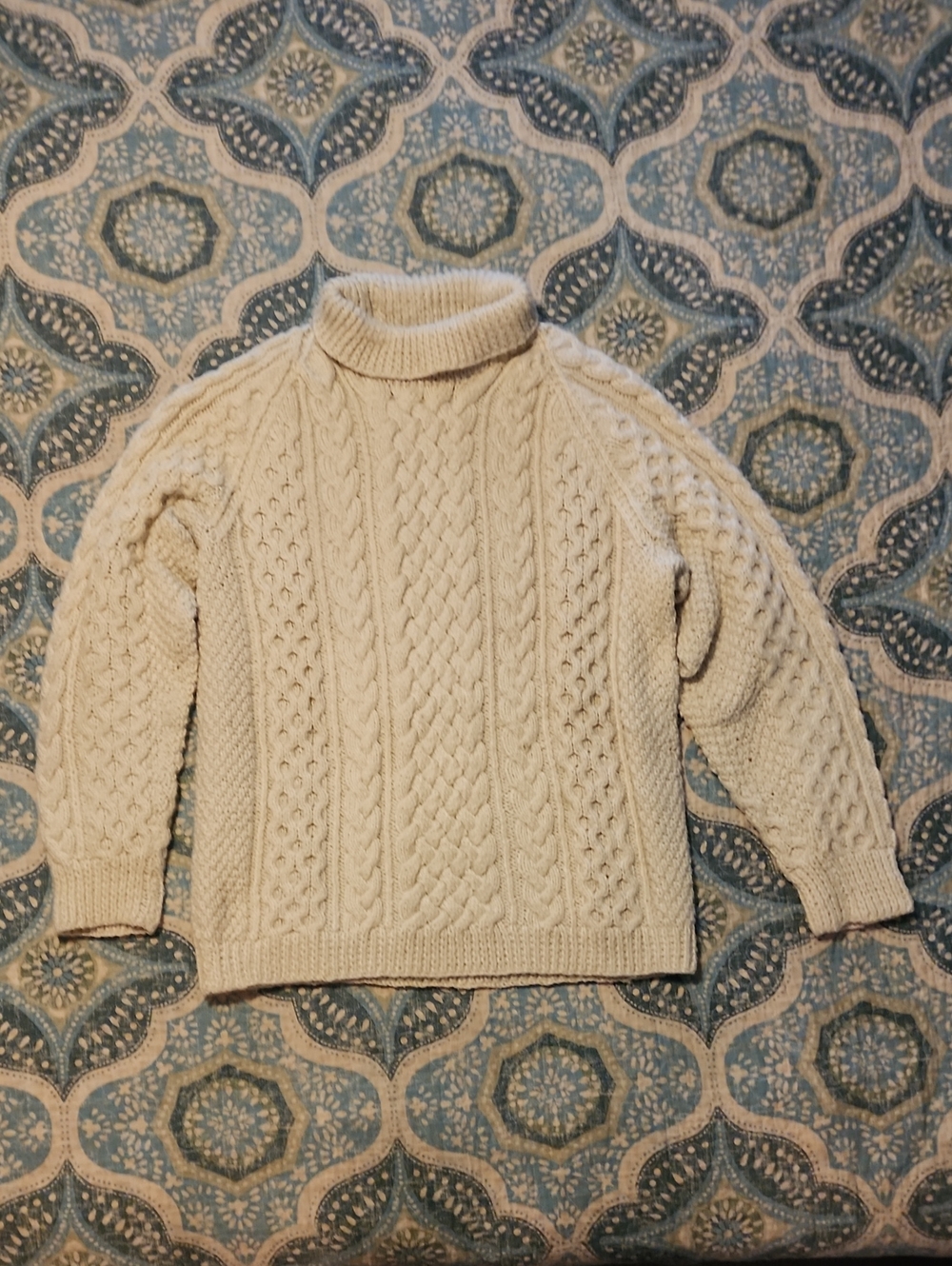 Vintage Aran Style  Chunky Cable Knit Mockturtleneck Fishermans Sweater - Cream
